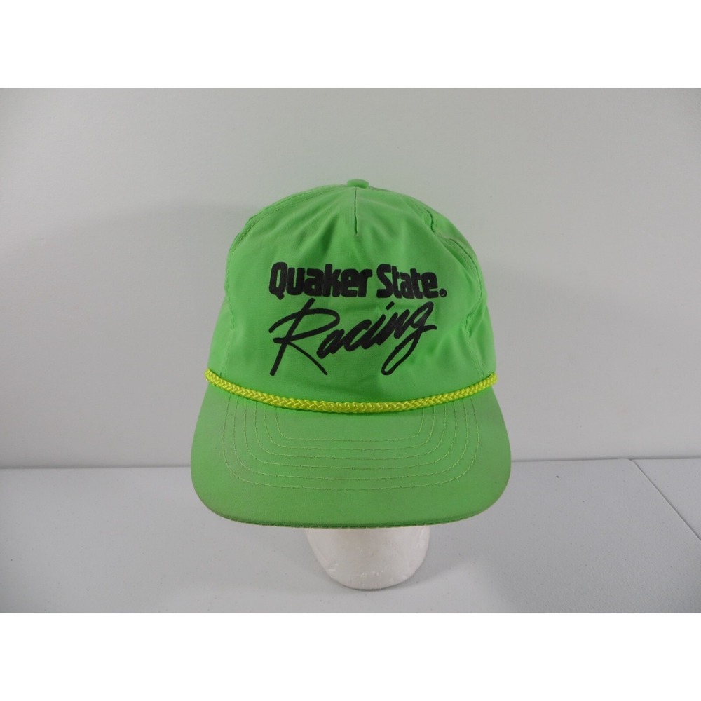 Vintage Quaker State Racing Neon Lime Green Strapback Rope Trucker Hat Cap